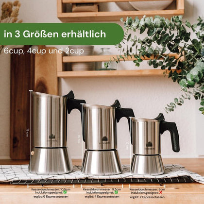 Grønenberg Edelstahl Espressokocher 2,4 oder 6 Tassen (100,200 oder 300 ml) | Induktion - Good Camper-Showroom & Onlineshop für Dachzelte HH