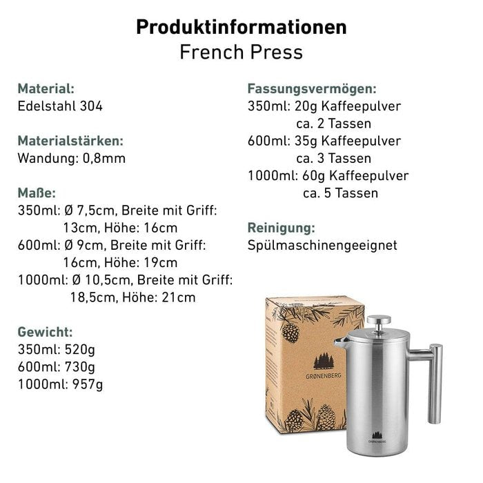 French Press mit Doppelsieb (Edelstahl), Füllmenge 1000ml French Press mit Doppelsieb (Edelstahl), Füllmenge 1000ml